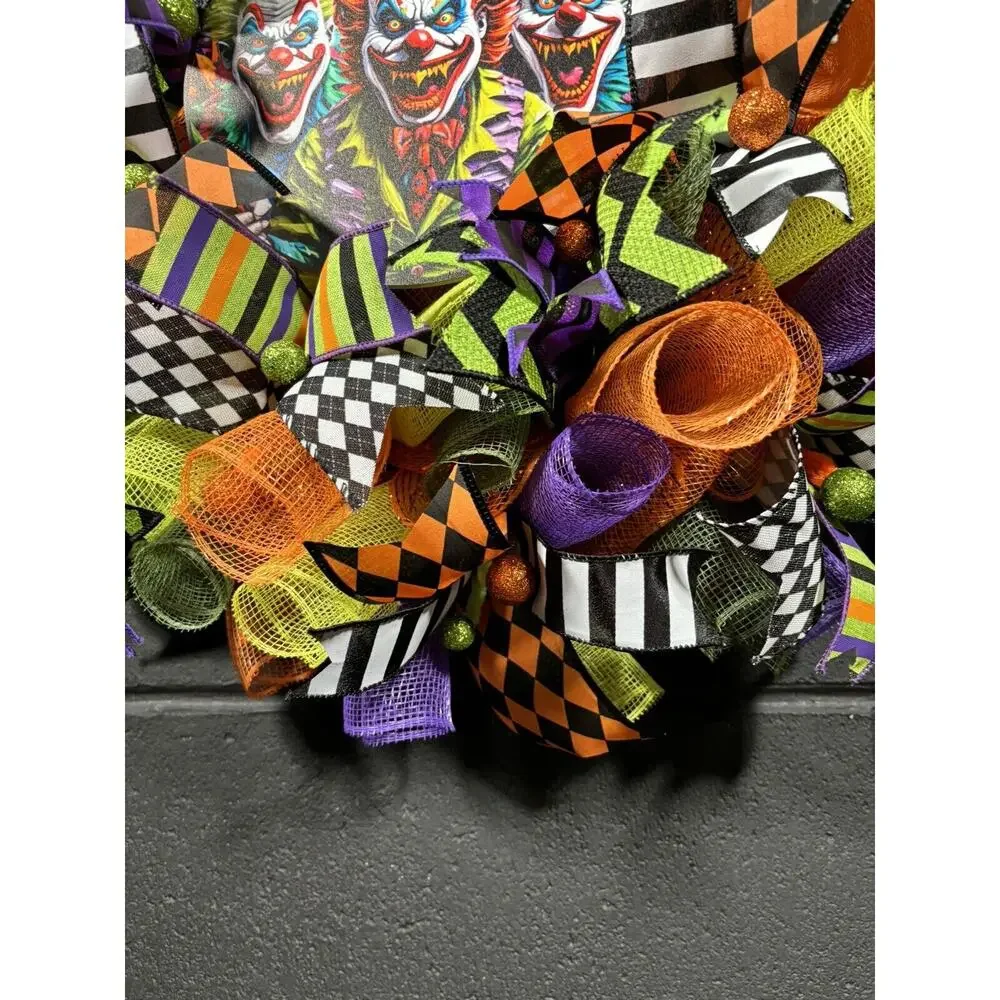 Scary Halloween Wreath Creepy Killer Clowns Handmade XL 24 Inch Deco Mesh